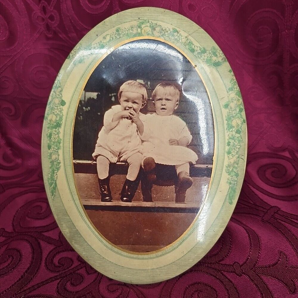 Antique Picture on Metal with Stand Children Old Country Home Early America Rare